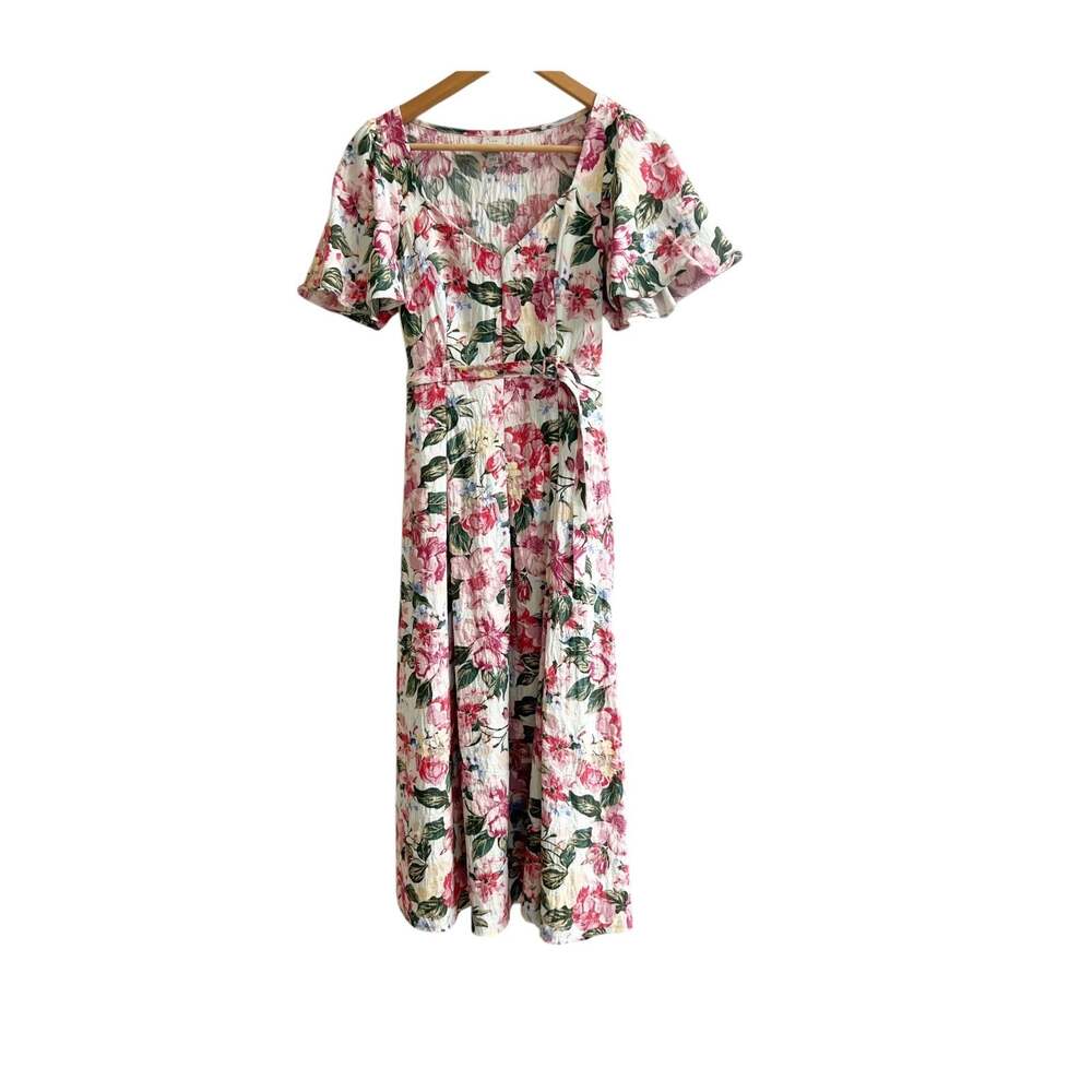 A New Day Midi Dress Women Sz 4 Pink Green Floral Belted Flutter Sleeve Cottage